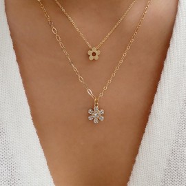 Inateannal Vintage Layered Crystal Flower Necklace Rhinestone Flower Choker Necklace Gold CZ Flower Pendant Necklace Tiny Flower Necklace Chain Jewellery for Women Girls, Zinc, No Gemstone