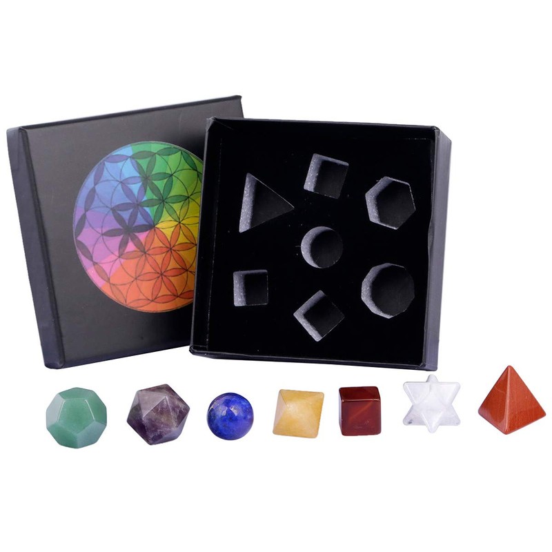 mookaitedecor 7 Chakra Crystal Platonic Solids Sacred Geometry Set, Polished