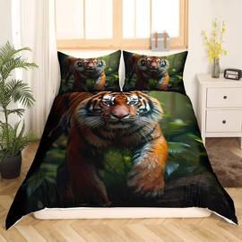 Feelyou Tiger 3D Print Bedding Set Jungle Tiger Duvet Cover for Kids Boys Girls Green African Safari Animal Comforter Cover Wild Animals Bedspread Cover with 2 Pillowcases 3Pcs Bedding Queen