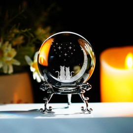 ZEERSHEE 60mm(2.3inch) Cats & Moon Crystal Ball Paperweight with Stand Base Glass Sphere Home Decor Gifts for Cat Lovers