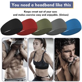 5 Pcs Sports Headbands for Men,Moisture Wicking Workout Fashion Headband,Running,Cycling,Basketball,Yoga,Football,Hairband for for Women and Men (Black, Red, Army Green, Dark Gray, Blue)