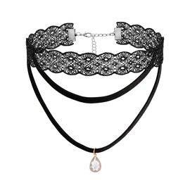Eigso Pack of 2 Black Lace Gothic Velvet Choker Necklaces for Women Men Vintage Alternative Crystal Gemstone Tattoo Necklace for Women Men, Zinc, No Gemstone