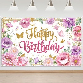 Mocsicka Happy Birthday Backdrop for Women Pink Floral Happy Birthday Party Decorations Purple Flower Glitters Birthday Banner 70.8 x 43.3 Inch