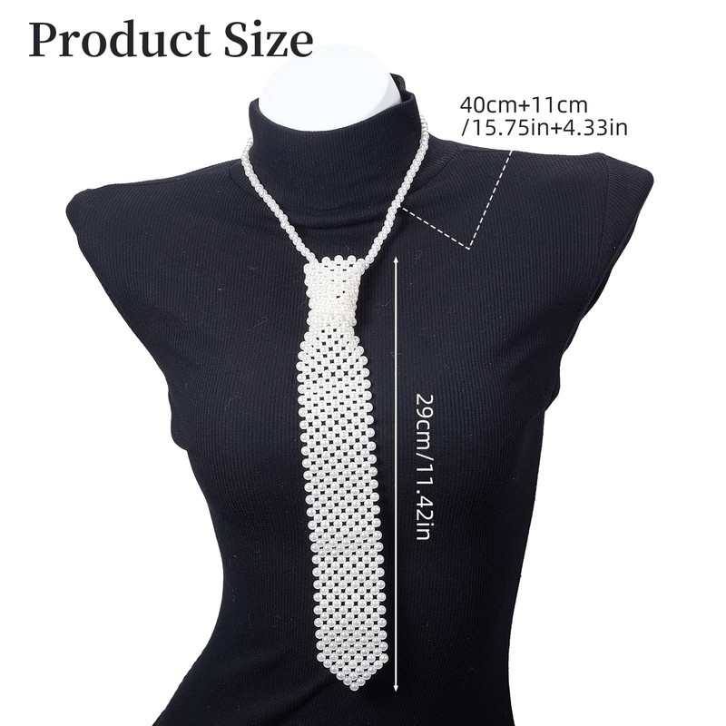 NICENEEDED Pearls Neck Tie, Handmade Weaving Shirt White Pearls Tie
