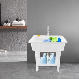 Laundry Sink,Freestanding Plastic Laundry Sink with Washboard,Utility Sink with Hot and Cold Faucet,Hoses and Drain Kit for Garage Basement Garden (31.5x22.05x31.5inch)