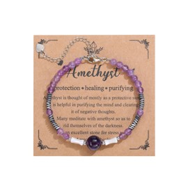 Zysta Amethyst Bracelet Healing Stones Bracelet Natural Stone Crystals Bead Bracelet with 8 mm / 4 mm Ball Bracelet Healing Reiki Energy Therapy Lucky Charm Adjustable Bracelets Women, Stone