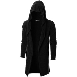 GIVON Men's Long Hooded Shawl Cardigan Open Front Gothic Cloak with Drape Design Shawl Collar / DCC055-BLACK-M