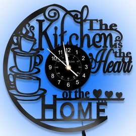 KingLive Kitchen Wall Clock with 7 Colors LED Light, Vintage Style Coffee Theme, Kitchen Coffee Bar Vinyl Record Decor