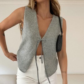 Edhomenn Women Stripe Knitted Vest V-Neck Sleeveless Front One Button Sweater Vest Fashion Y2k Tank Tops Streetwear (05 Gray, l)