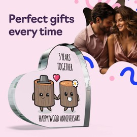 5th Anniversary Plaque Gifts for Wife Husband - Happy Wood Anniversary - I Love You Romantic Acrylic Heart Gift For Women Men, 100mm x 100mm Present For Couples Fifth Wedding Anniversaries