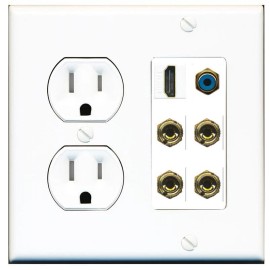 RiteAV 2 Speaker 4 Banana Binding Post Wall Plate 1 HD 1 RCA Jack Tamper Proof White