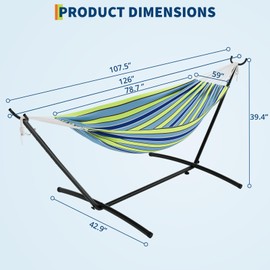 2-Person Hammock, Heavy Duty 500lbs Capacity with Foldable Steel Stand, Portable Outdoor Hammock with Carrying Bag for Camping, Patio, Garden, or Backyard-Blue Green Stripes