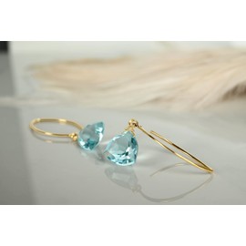 Aquamarine Blue Quartz Trillion 14k Gold Plated Sterling Silver Earrings