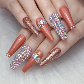 Leuhiove 24 Pcs Coffee ​Press on Nail Long Bling Glam Ballerina Flash Diamond Crystal Glossy Fake Nails Coffin Nails Tips，Glitter Rhinestones Gems False Nails Glue on for Women and Girl