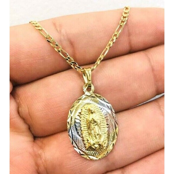 Gold F Virgen de Guadalupe Pendant Necklace 20", Dije De La Virgen de Guadalupe.