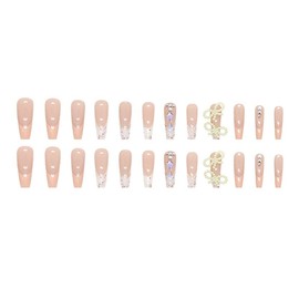French Tip Press on Nails Long Square Coffin False Fake Nails Simple with Nude Pink Pearl Butterfly Design Full Cove Thick Glossy Acrylic Glue on Nails Stick on Nail for Women 24Pcs Z480