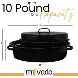 Millvado Granite Roasting Pan, 10 lb Capacity Turkey Roasting Pan with Lid, 15" Granite Oven Roaster Oval Shaped Speckled Enamel on Steel Cookware