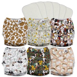 Mama Koala 3.0 Cloth Diapers for Babies with AWJ Lining, 6 Pack with 6 5-Layer Natural Cloth Diaper Inserts - Reusable and Washable Pocket Diapers(A-The Farm Story)