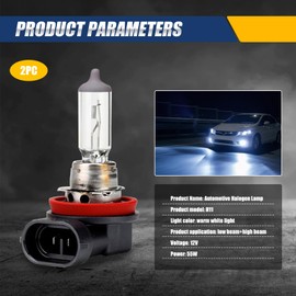gunhunt gunhunt 2 PCS Car H11-55W Halogen Bulb, 12V Quartz Lamp Ultra-bright Beam Low/High Beam Fog Light Replacement, All-in-one Plug and Play Bulb, Universal Lighting Accessories for Cars (White)