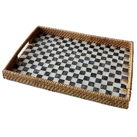 Zovylks Handmade Mother of Pearl Rattan Serving Tray with Handles 13" x 9" Natural Shell Mosaic Pattern Ottoman Tray for Storage and Display of Coffee Bread Food Fruit (Black White Checkered)