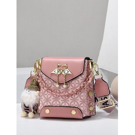 Fashionable Geometric Pattern Pu Leather Crossbody Bag As Gifts, 2025 New Versatile Shoulder Bags 2025 for Women, Trendy All-match Bag Charm Chain Flap Affordable Luxury Bag:_Coral Pink_one-size