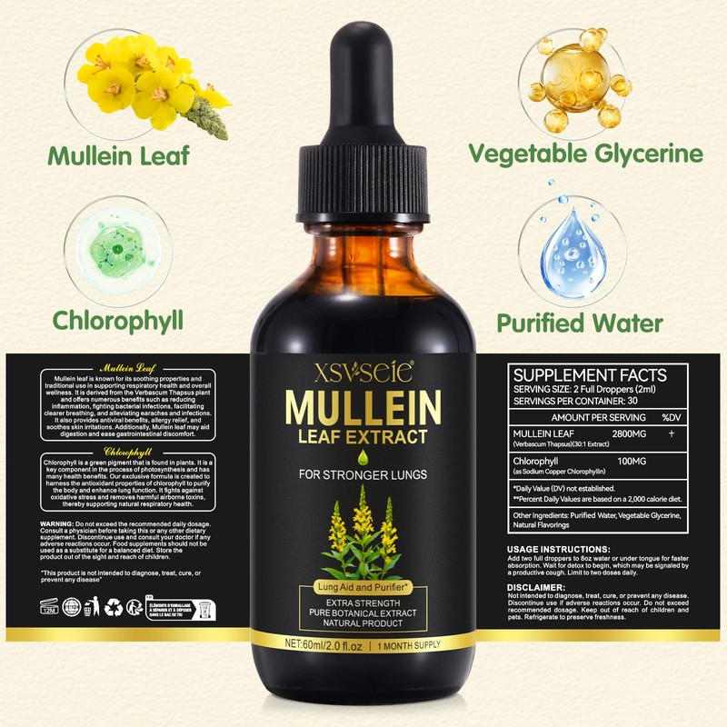 Mullein Leaf Extract for Lungs, 60ml Mullein Leaf Liquid Drops,Natural