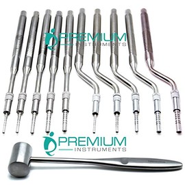 11 Pc Dental Osteotomes Straight & Curved Tip & Mead Mallet Bone Spreading Instrument