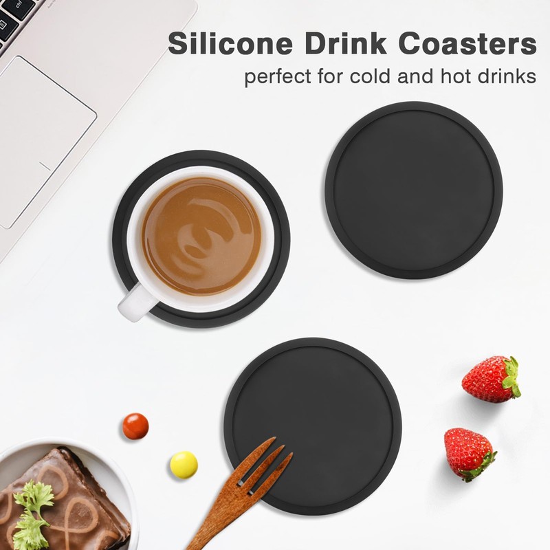 2 Pack Silicone Coasters for Drinks, Round Black Coasters with
