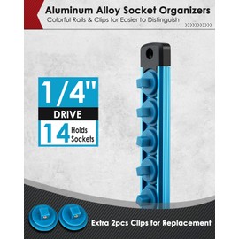 PINOZE 1/4" Magnetic Socket Holder Organizer - Aluminum Alloy Socket Rail Tray for Tool Box Drawer, Socket Rack with Extra 2Pcs Replacement Clips for Automotive Garage(Blue)