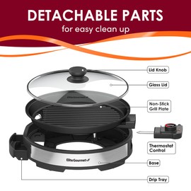 Elite Gourmet EMG6505G 12" Smokeless Indoor Electric BBQ Grill with Glass Lid Dishwasher Safe, Nonstick, Adjustable Temperature, Fast Heat Up, Low-Fat Meals Easy to Clean Design