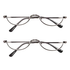 REAVEE 2 Pack Retro Designer Half Moon Reading Glasses Women Men Spring Hinge Half Frame Readers Stylish Slim Eyeglasses with Pouch,Gun Grey 2.0