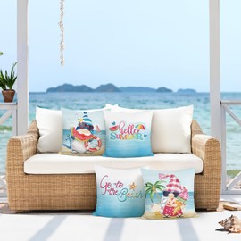COZZSNUGE Beach Coastal Cushion Covers Blue Pink Gnomes Watermelon Summer Velvety Decorative Pillowcases for Sofa Bed Home Patio 45 x 45 cm Set of 4
