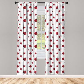 Ambesonne Ladybugs Window Curtains Pack of 2, Ladybug Dotted Wings Swirls and Curves Pattern Animal, Lightweight Set with Rod Pocket, 4 Panels of - 28" x 95", White Black
