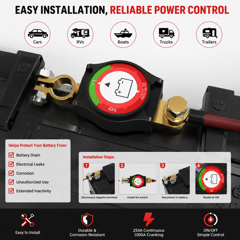 Top Post Battery Disconnect Switch for 12–48V Systems – 250A