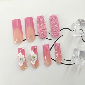 Press on Nails Long Square Fake Nails with 3D Flower Rhinestones Designs Pink French Nails Press ons Glossy Glue on Nails Nude Acrylic Nails Cute False Nails Artificial Stick on Nails for Women 24Pcs