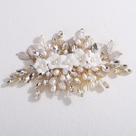 Lenjicons White Flower Leaf Hair Comb Golden Leaf Rhinestone Pearls Hair Comb Luxuries Rhinestone Pearls Hairpiece Golden Wedding Hair Accessories for Women