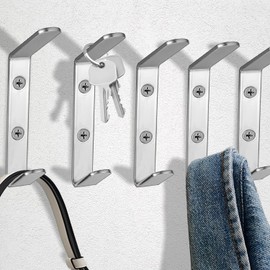 BATENGKEJI 5 Pcs Silver Coat Hooks for Wall Hooks for Hanging Coats, Heavy Duty Stainless Steel Clothes Hanger Hook for Bathroom Door Closet Towel Purse Robe Hat Bag Hook