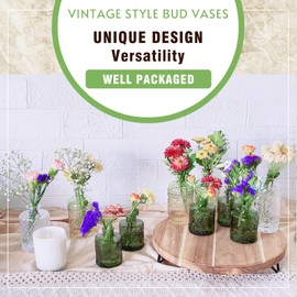 WILDMOS Bud Vase Set of 6, Small Flower Vases for Decorative, Gradient Glass and Embossed Vintage Style Mini Bottles for Home Décor, Centerpiece 3.3"-5.2''H(Clear+Green)