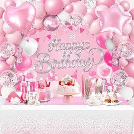 Pink Birthday Party Decorations Light Pink Happy Birthday Decorations Pink and White Birthday Backdrop Banner with Heart Star Foil Balloons Tablecloth for Girls Women Kids Birthday Party Supplies
