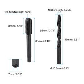 uxcell Tap & Drill Bit Set, 1pcs 1/2-13 UNC Straight Flute Thread Taps and 1pcs 10.8mm Twist Drill Bits, Black Oxide HSS6542 Screw Tapping Threading Tools