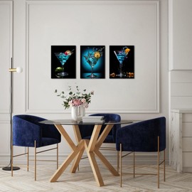 LyeArtork 3 Pieces Blue Cocktail Pictures Wall Art Canvas Prints Black Bar Art Liquor Paintings for Dining Room Kitchen Bar Decor 12"x16"x3pcs