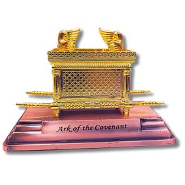 3 ARCHES USA Mini Ark of The Covenant Gold Plated Figurine - 4.3" Table Replica of Sacred Chest with Aaron's Rod, Manna & Ten Commandments - Detailed Religious Decor