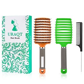 URAQT Haarbürste, Profi Entwirrungsbürste mit Griff, Haarbürste ohne Ziepen, Wildschweinborsten Haarstyling Bürste für Locken Lange Feine Dicke Lockige Haare (P-orange+grün)