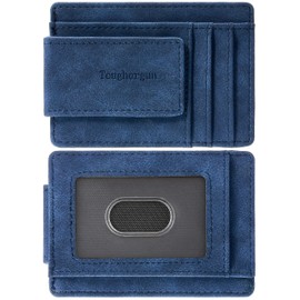 Toughergun Slim Minimalist Wallet for Men with Magnetic Money Clip Leather Wallet, Credit Card Holder RFID Blocking Front Pocket Holds Cash and Cards(Navy Blue)