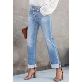 Metietila Women's High Rise Corssover Boyfriend Jeans Distressed Stretchy Denim Pants Light Blue S