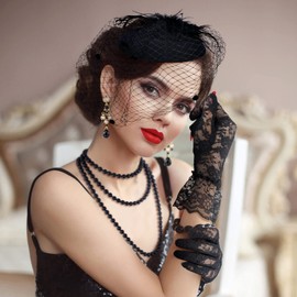 Bencailor 50s Fascinator Hat for Women Funeral Veil Hats Set Mesh Headpiece and Lace Glove Necklace Earring for Tea Party Cocktail(Floral Style)