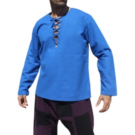 Svenine Medieval Serf Groundsman - Camisa renacentista para hombre, cuello abierto, algodón suave, Azul (Cobalt Blue), XL