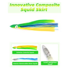 BLUEWING Weighted Trolling Squid Skirts Fishing Saltwater with Lead Head 12 Inch Double Skirted Squid Lures Fishing Saltwater Octopus Skirt for Freshwater and Saltwater Fishing, 10oz