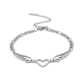 kkjoy Figaro Stainless Steel Chain Bracelet with Heart and Wings Pendant for Women and Girls, Stainless Steel, No gemstone