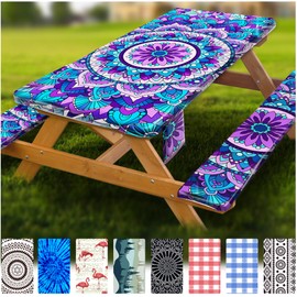Fitted Picnic Table Cover with Bench Covers Vinyl Waterproof Elastic Edges Fitted Rectangle Tables Patio Tablecloth Camping Gear and Essentials Rv Accessories Road Trip Supplies Car Travel Must Haves
